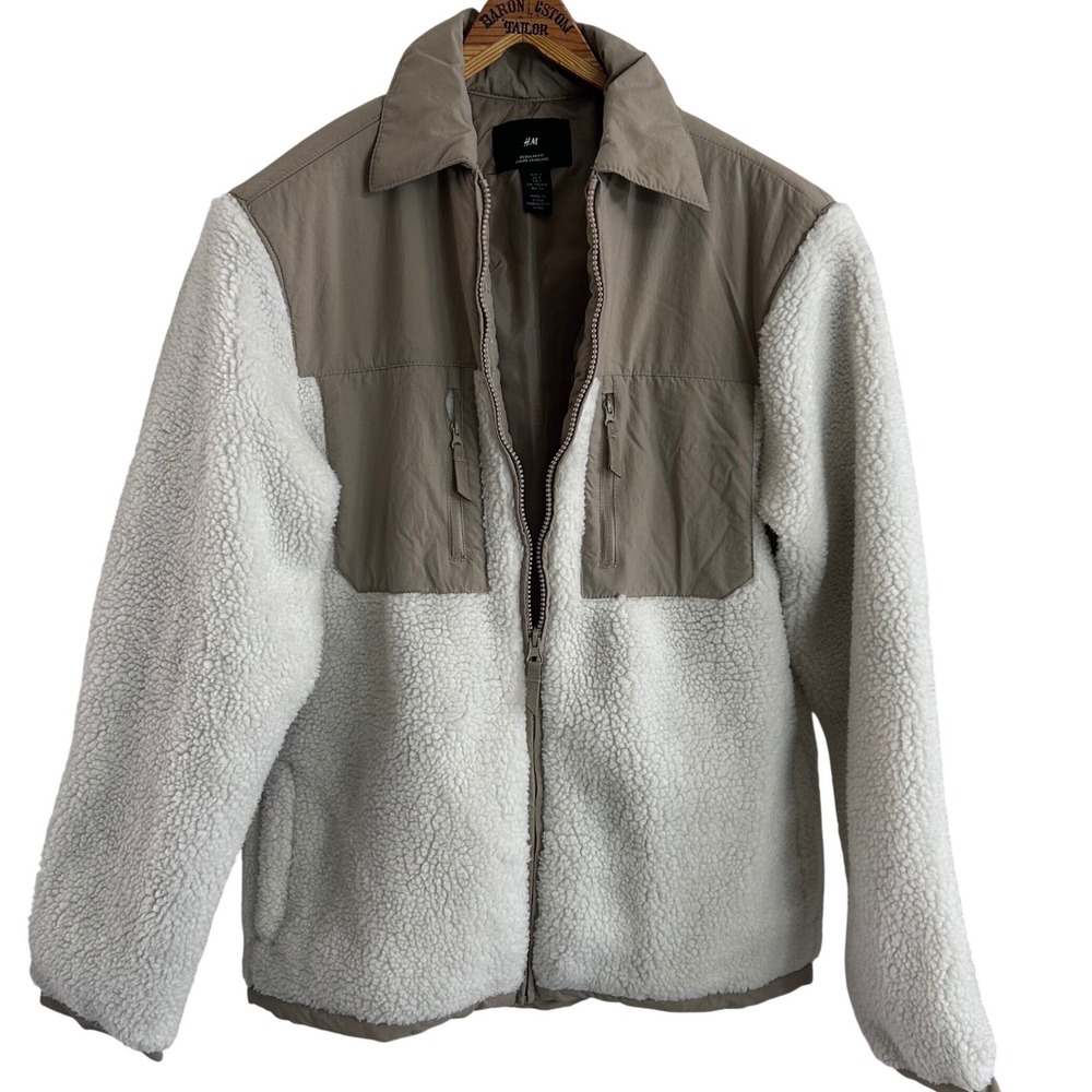 HM Mens Sherpa Fleece Jacket Tan Cream Mixed Media Full Zip Small Casual Comfy